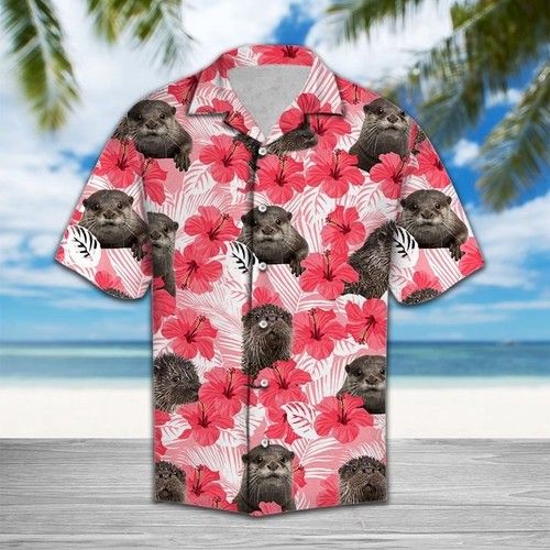 Tropical Flowers Hibiscus Otter Hawaiian Shirt Summer{Size}