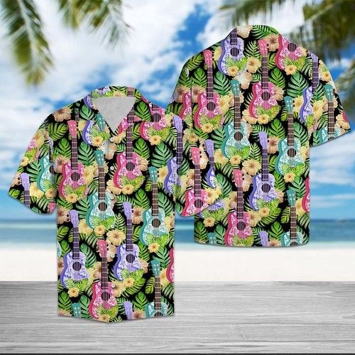 Ukulele Yellow Hibiscus Flower Hawaiian Shirt Summer{Size}