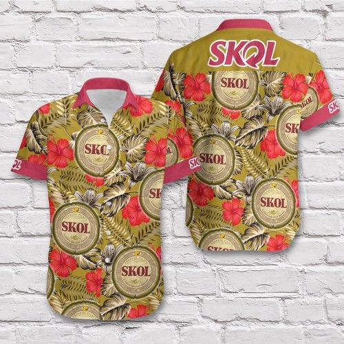 Skol Beer Red Gold Tropical Vibe Style Short Sleeve Hawaiian Man Shirt{Size}