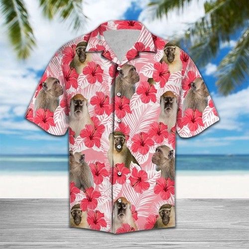 Tropical Flowers Hibiscus Monkey Hawaiian Shirt Summer{Size}