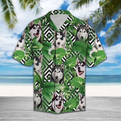 Summer Exotic Jungle Tropical Siberian Husky Hawaiian Shirt Summer But{Size}