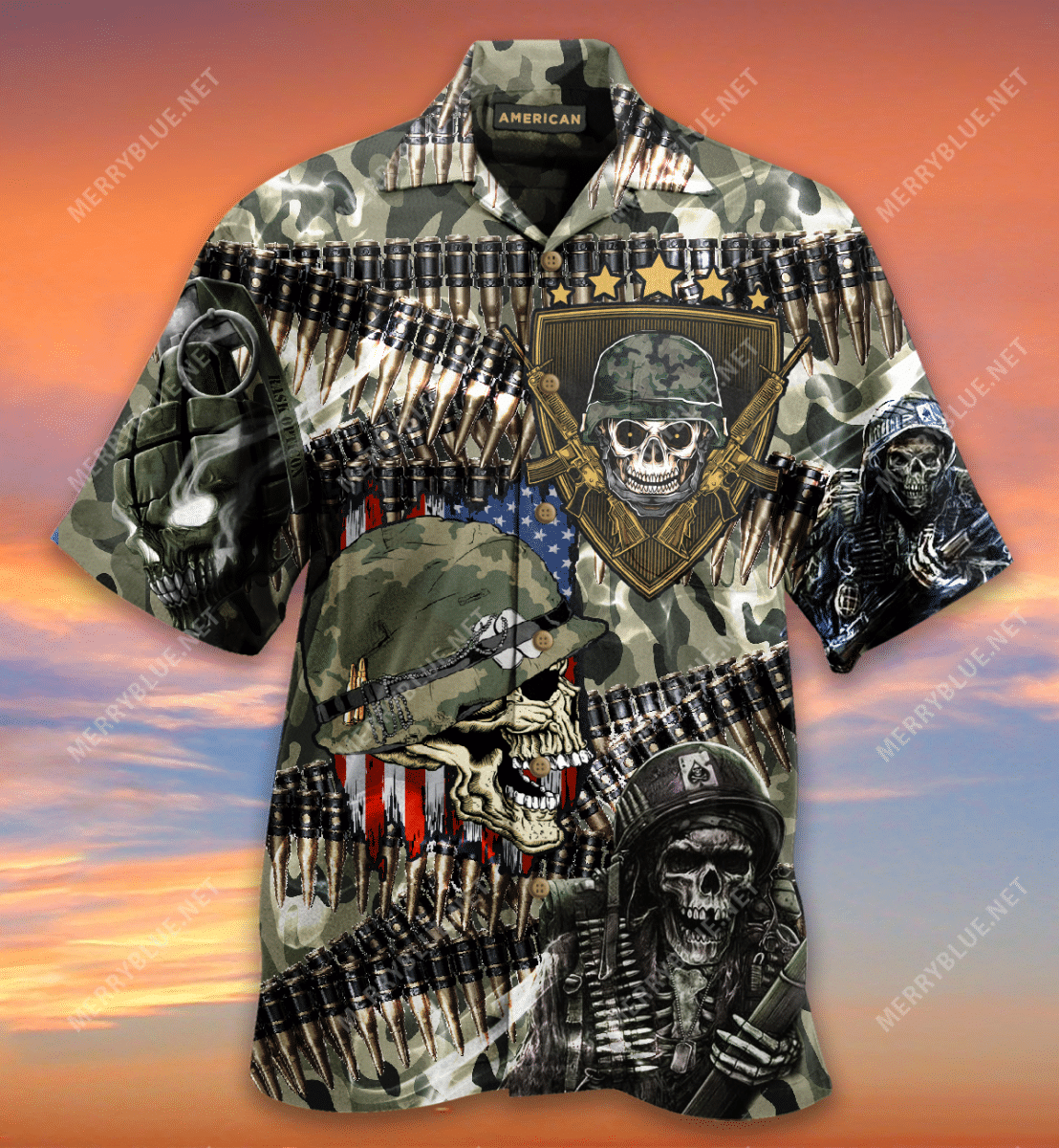 Shop Veterans Bullet Belt Skulls Hawaiian Shirt{Size}