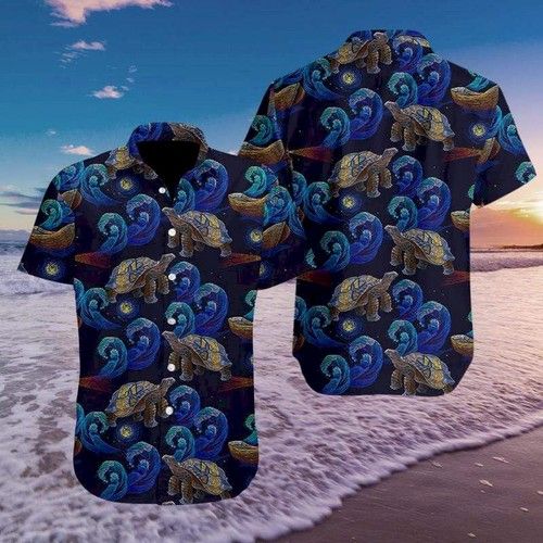 Turtle In The Night Ocean Embroidery Art Hawaiian Aloha Shirts{Size}