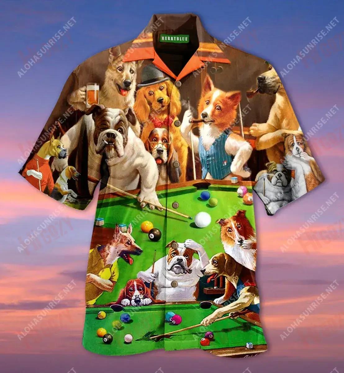 Vintage Dogs Playing Pool Unisex Short Sleeve Shirt Summer Tropical Shirts Vintage Hawaiian Shirts Funny Hawaiian Shirts{Size}