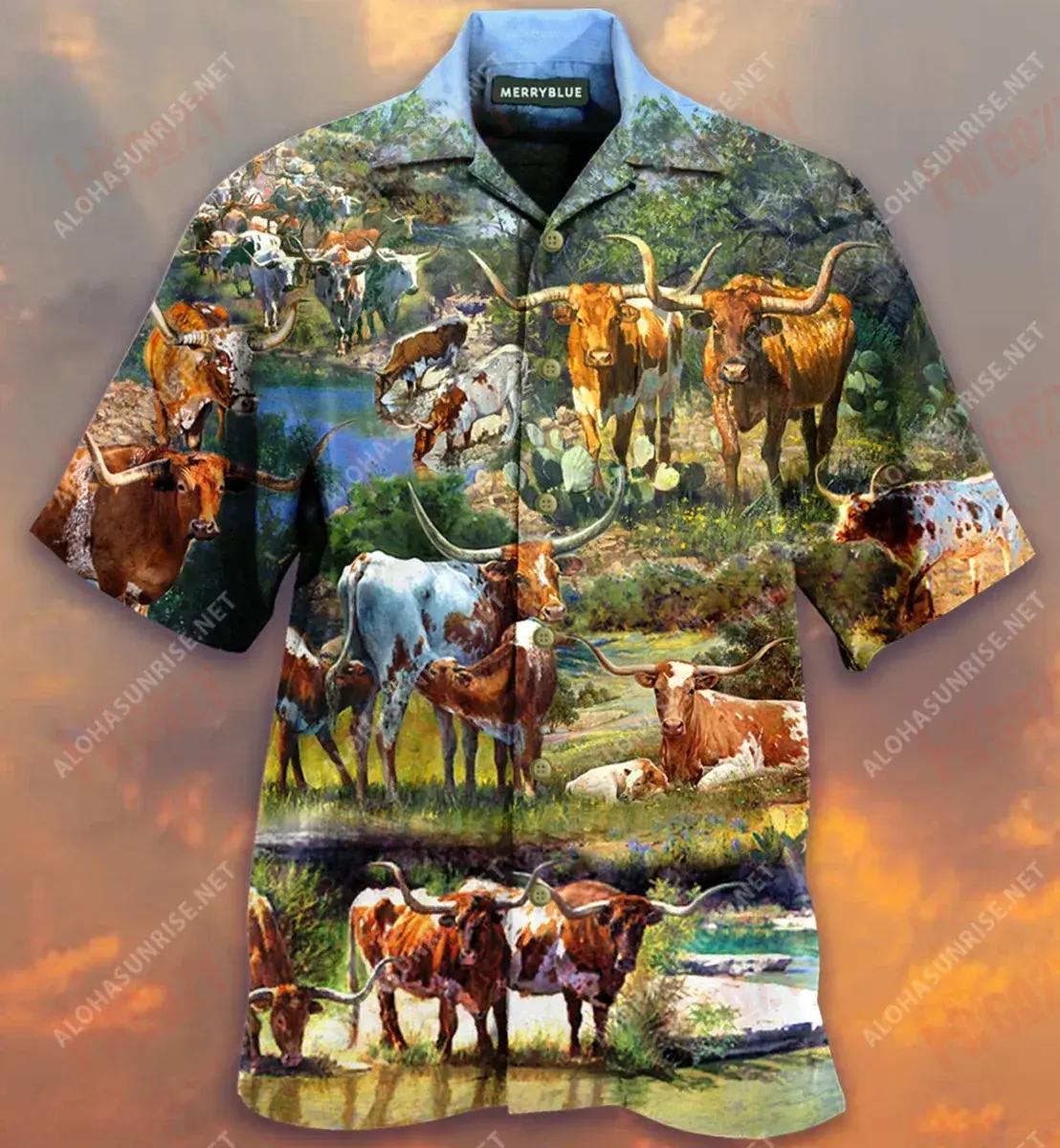 Summer Love With Longhorn Unisex Hawaiian Shirt Hobbies Short Sleeve Tactical Hawaiian Shirt Funny Hawaiian Shirts{Size}