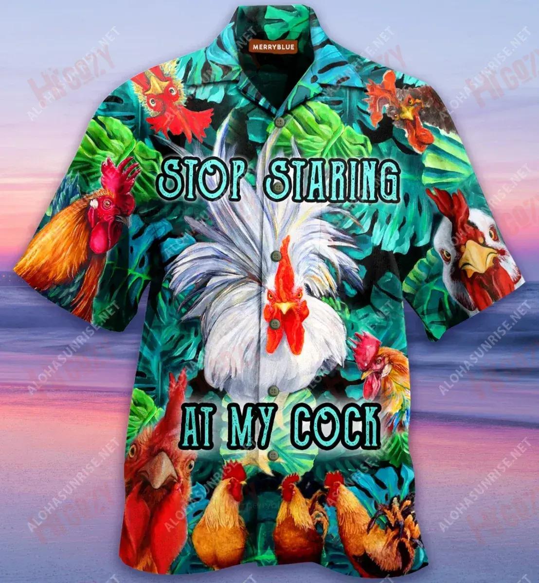 Stop Staring At My Cock Funny Rooster Quote Unisex Hawaiian Shirt Summer Short Sleeve Tactical Hawaiian Shirt Funny Hawaiian Shirts{Size}