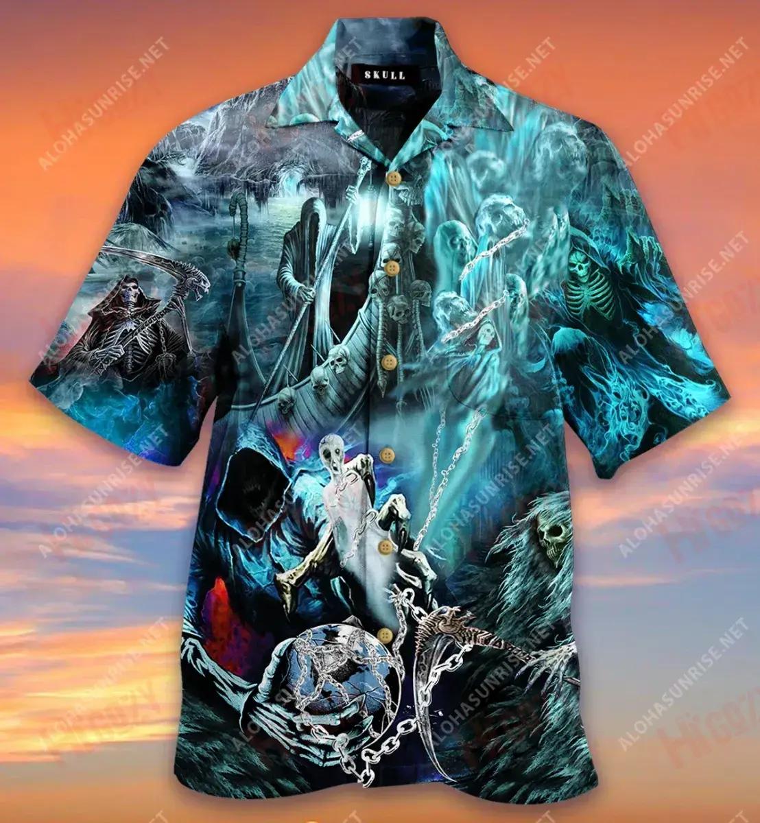 Skull Cuts The Line Of Life, Brings Souls Into The River Of Death Short Hawaiian Shirt Hobbies Aloha Shirt Tactical Hawaiian Shirt Hawaiian Shirt Pattern{Size}