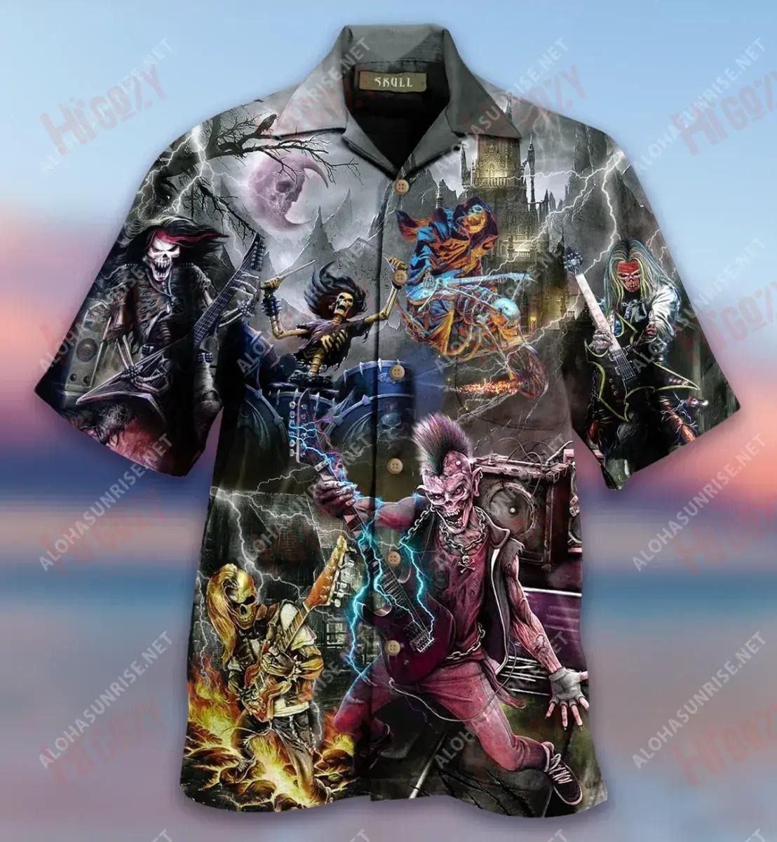 Skull On Party Music At Midnight Short Hawaiian Shirt Hobbies Tropical Shirts Best Hawaiian Shirts Funny Hawaiian Shirts{Size}