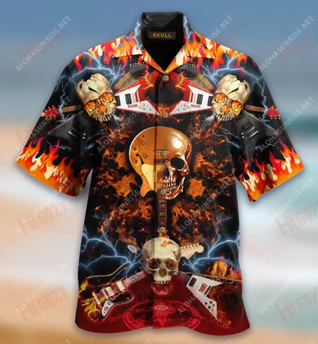 Skull Rock N Roll Hawaiian Shirt Summer Short Sleeve Tactical Hawaiian Shirt Funny Hawaiian Shirts{Size}