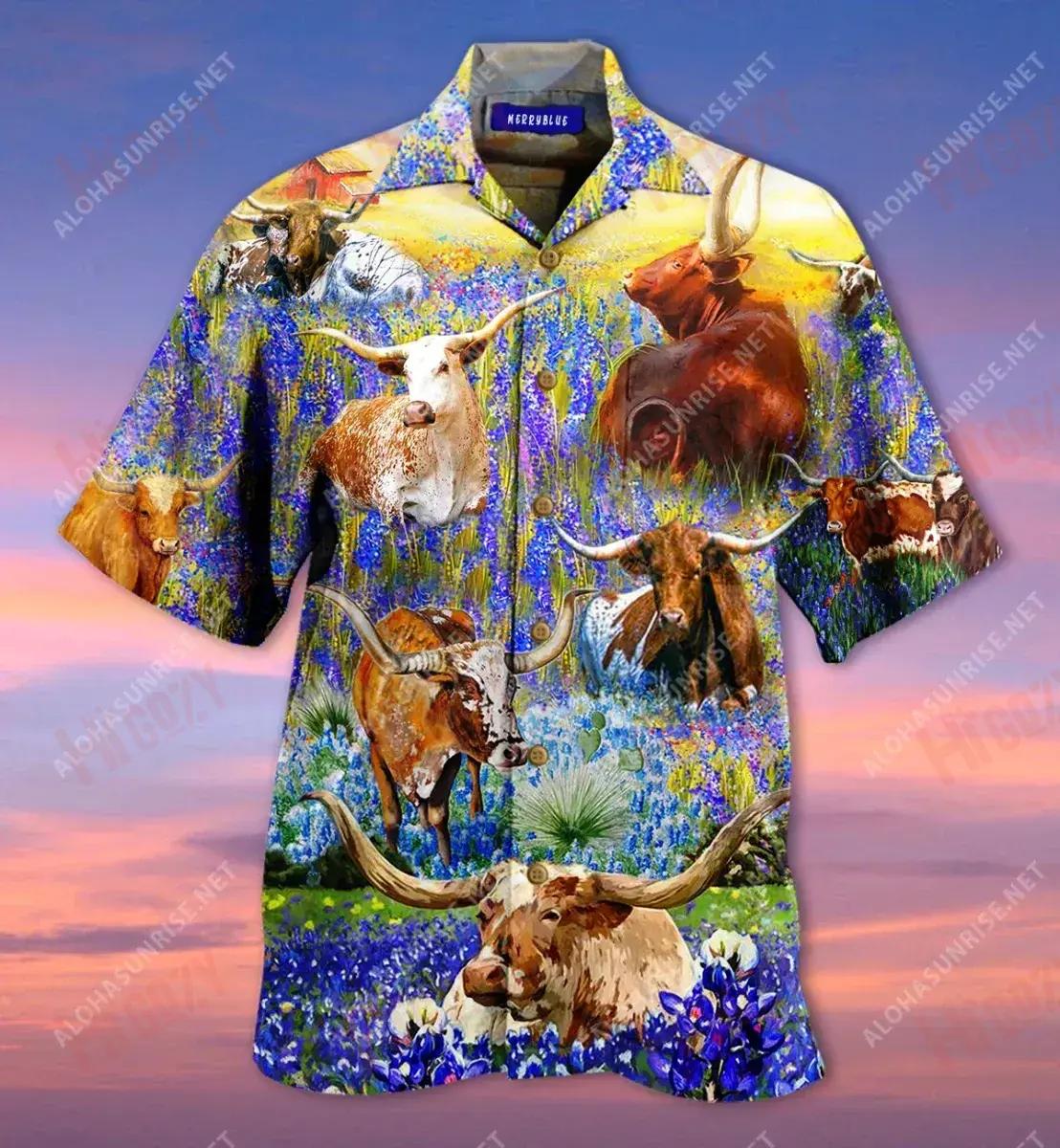 Texas Longhorn In Bluebonnets Unisex Short Sleeve Shirt Hobbies Tropical Shirts Vintage Hawaiian Shirts Crazy Shirts Hawaii{Size}