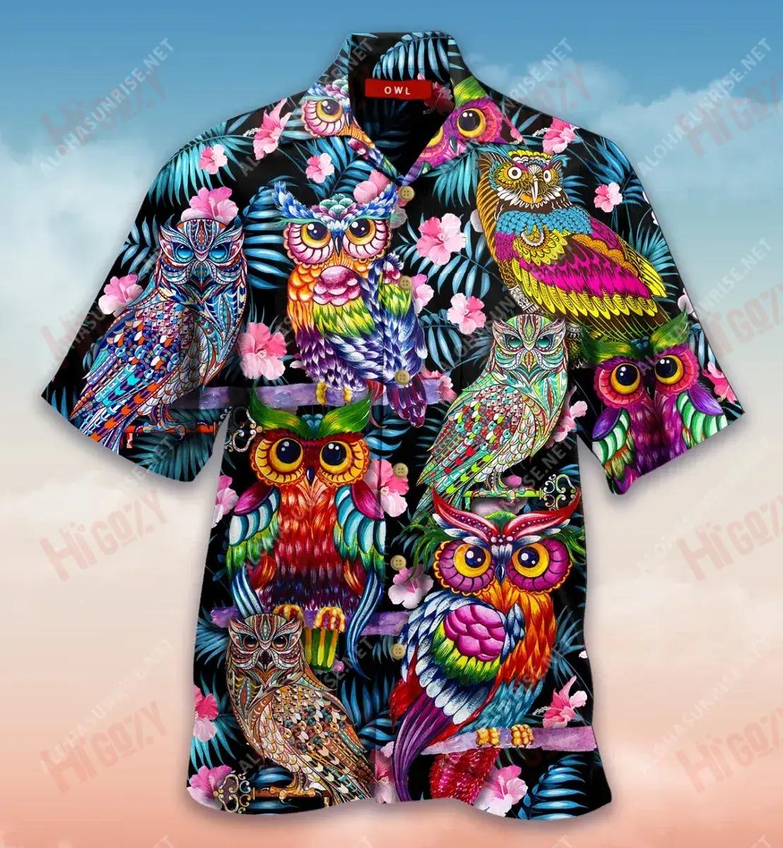 Tropical Colorful Owl Short Sleeve Shirt Hobbies Tropical Shirts Tropical Shirts For Men Hawaiian Shirt Pattern{Size}