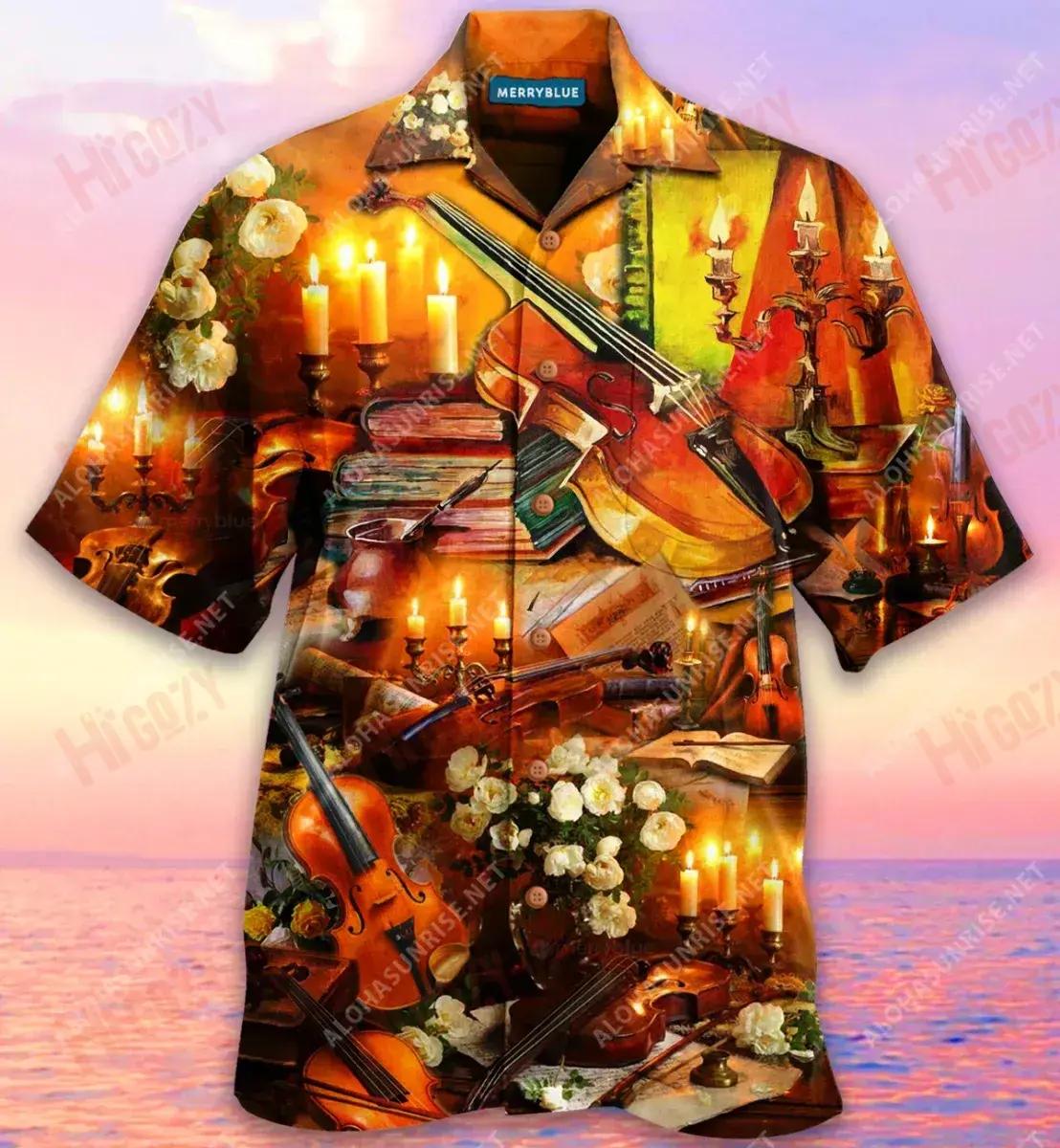 Violin In The Candlelight Unisex Short Sleeve Shirt Ocean Aloha Shirt Tropical Shirts For Men Funny Hawaiian Shirts{Size}