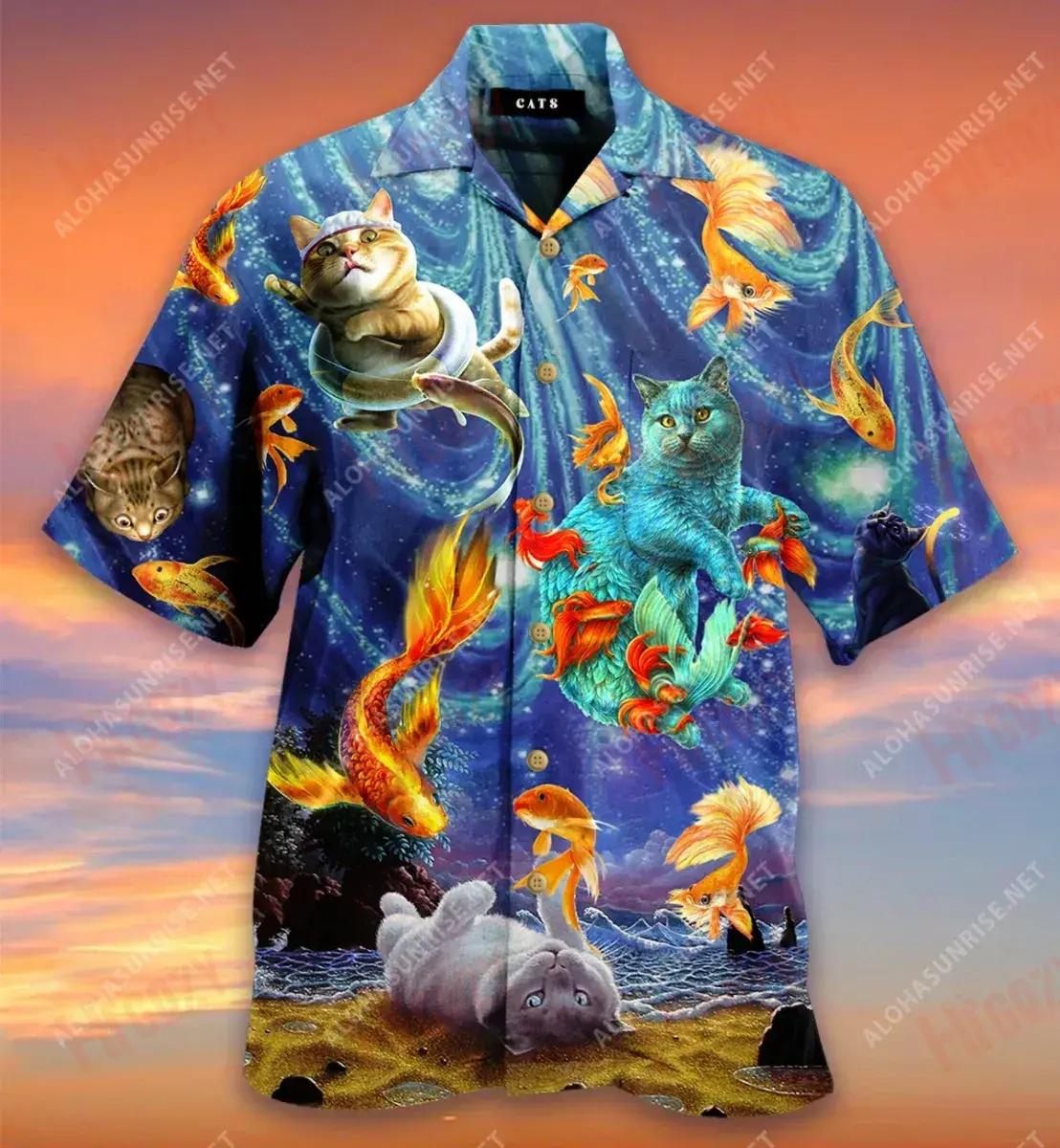 What Do Cats Dream About? - Playing With Big Goldfish Short Hawaiian Shirt Ocean Tropical Shirts Vintage Hawaiian Shirts Hawaiian Shirt Pattern{Size}