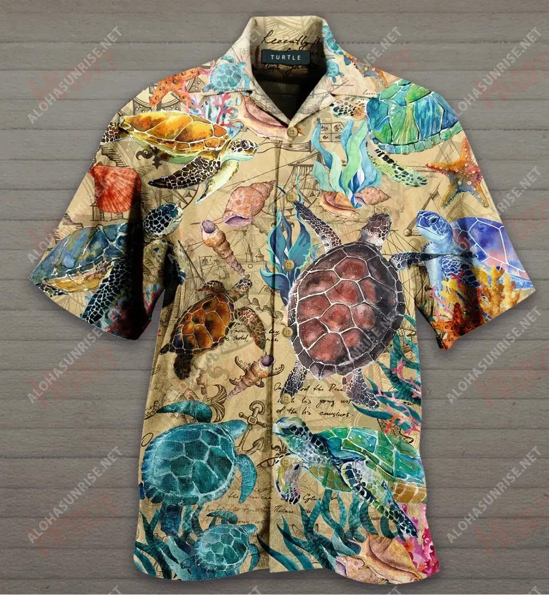 Turtles Under The Ocean Unisex Short Hawaiian Shirt Summer Aloha Shirt Tactical Hawaiian Shirt Hawaiian Shirts For Men{Size}