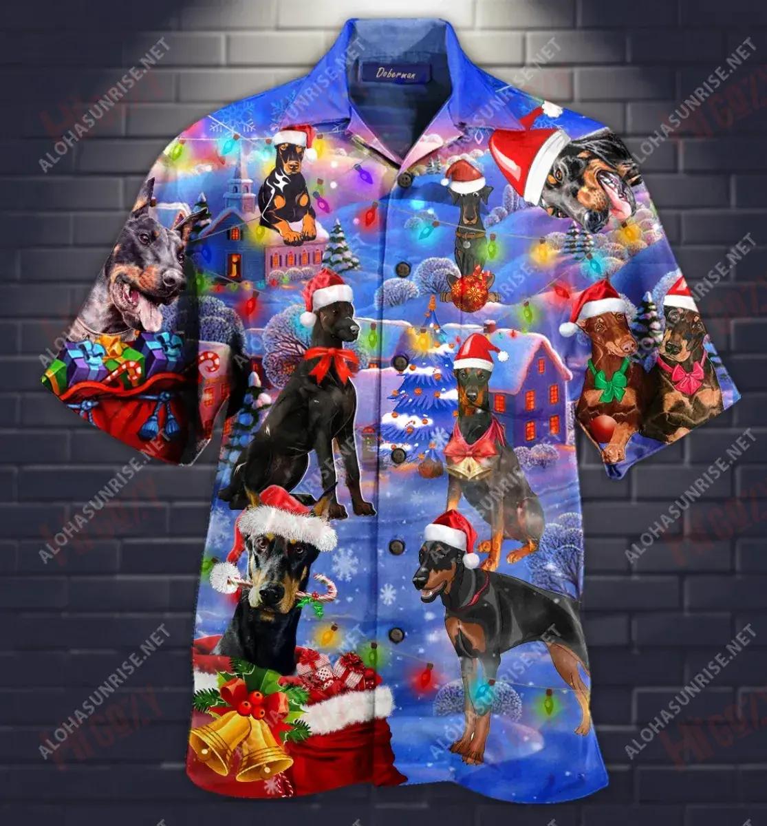 Xmas Doberman Pinscher Short Hawaiian Shirt Hobbies Aloha Shirt Best Hawaiian Shirts Funny Hawaiian Shirts{Size}