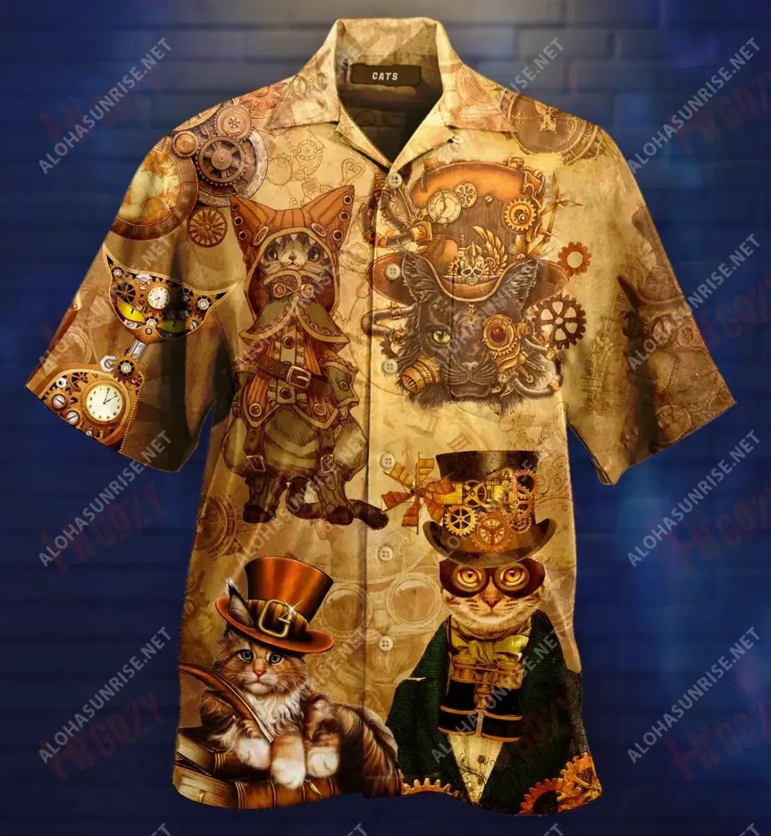 Steampunk Cat Top Hat Short Hawaiian Shirt Vacation Tropical Shirts Custom Hawaiian Shirts Hawaiian Shirt Pattern{Size}