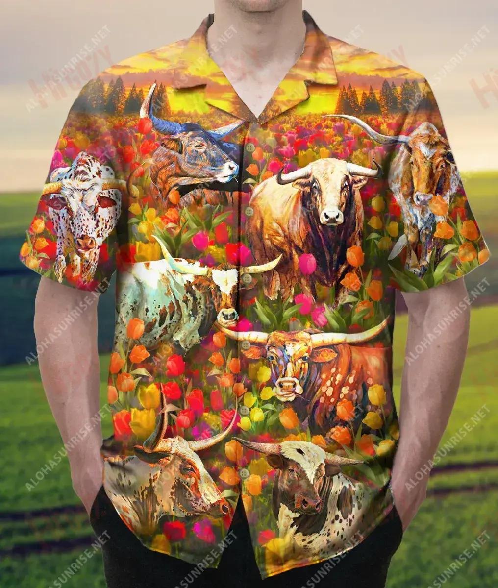 Texas Longhorn In Tulip Field Unisex Hawaiian Shirt Summer Short Sleeve Best Hawaiian Shirts Funny Hawaiian Shirts{Size}