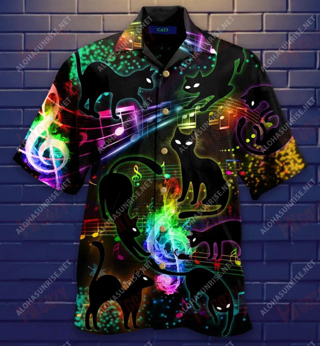 The Magical Light Cats On Music Notes Short Short Sleeve Shirt Vacation Aloha Shirt Tropical Shirts For Men Funny Hawaiian Shirts{Size}