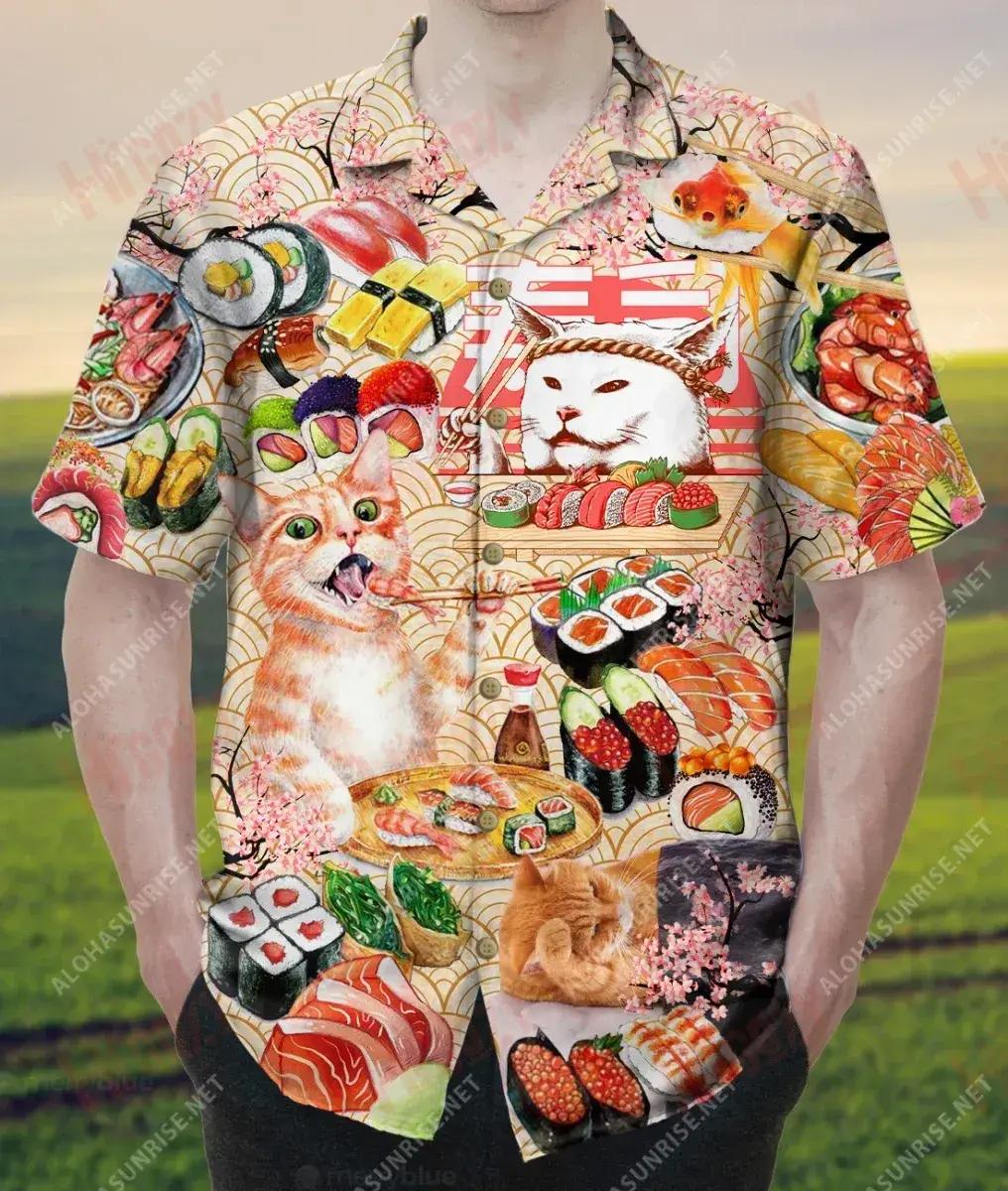 Sushi And Cats Make Me Happy Unisex Hawaiian Shirt Ocean Short Sleeve Best Hawaiian Shirts Hawaiian Shirts For Men{Size}