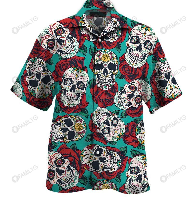 Sugar Skull And Rose Art Unisex Hawaiian Shirt{Size}