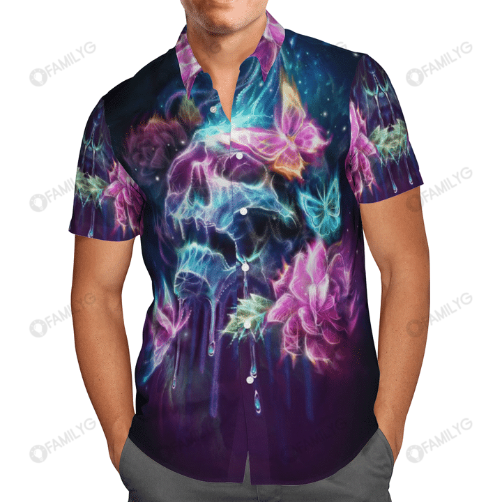 Skull With Butterfly Art - Skull Unisex Hawaiian Shirt{Size}