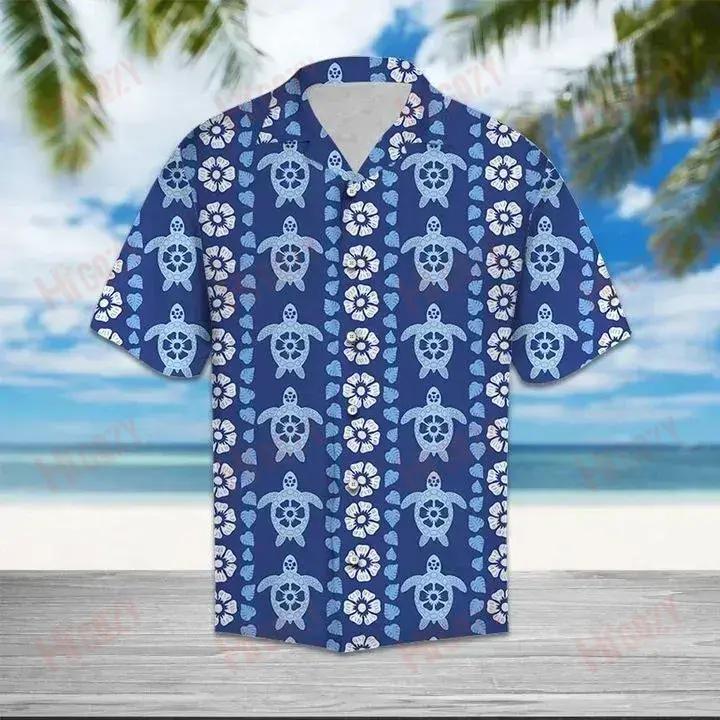 Turtle Blue Floral - Short Sleeve Shirt Vacation Aloha Shirt Custom Hawaiian Shirts Hawaiian Shirt Pattern{Size}