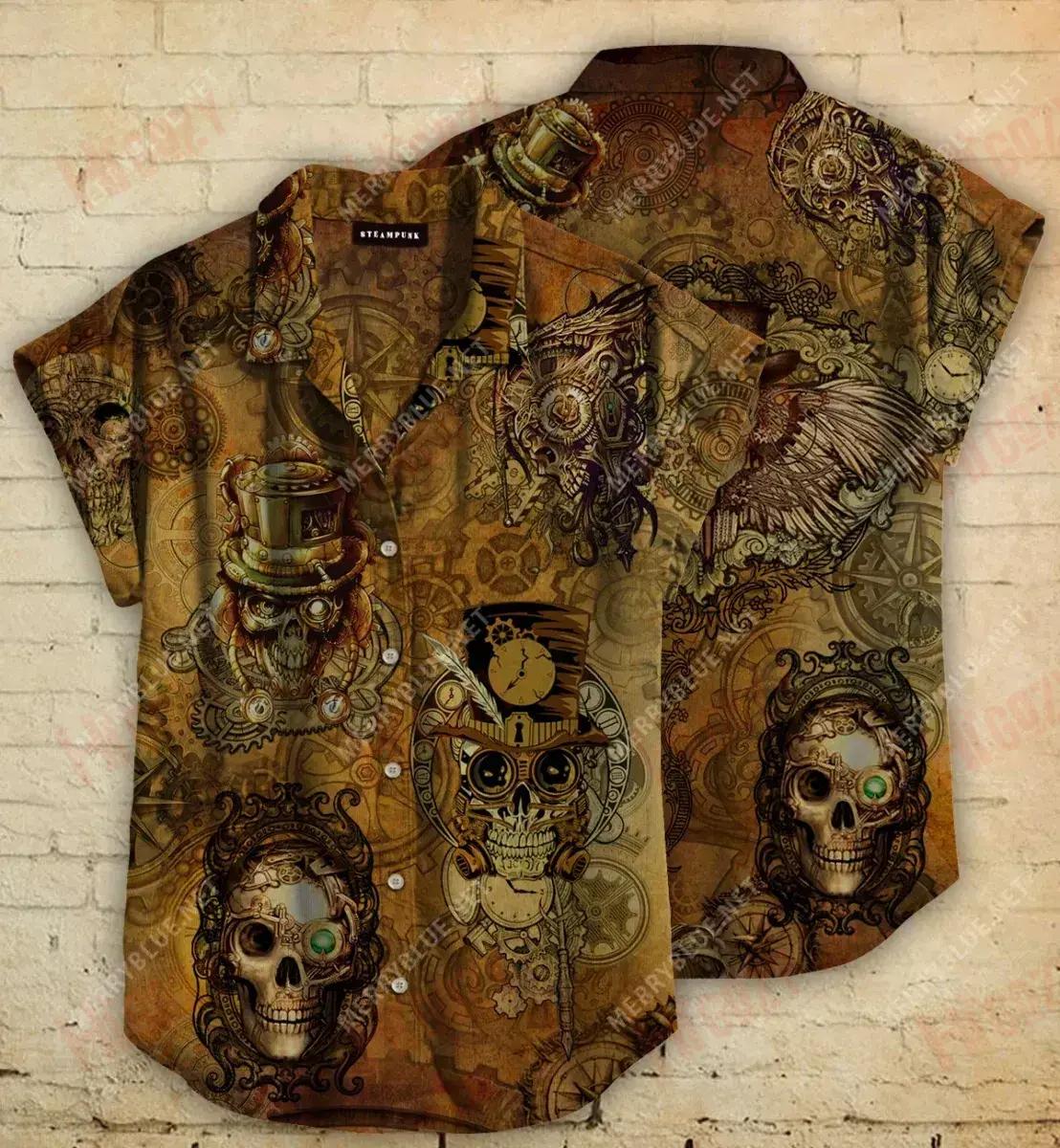 Skull Steampunk Short Hawaiian Shirt Ocean Hawaiian T Shirts Hawaiian Crazy Shirts Hawaiian Shirts For Women{Size}