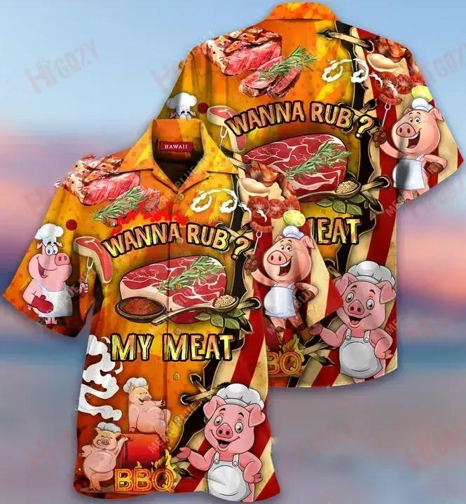 Wanna Rub My Meat Funny Barbecue Short Sleeve Shirt Hobbies Tropical Shirts Tactical Hawaiian Shirt Hawaiian Shirt Pattern{Size}