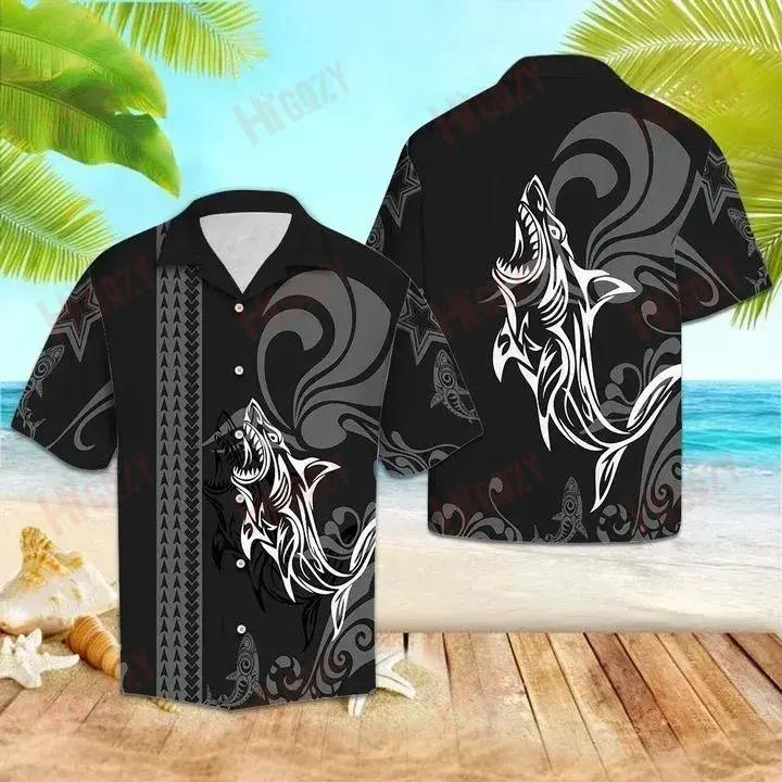 Tribal Shark Pattern - Short Sleeve Shirt Vacation Hawaiian T Shirts Tactical Hawaiian Shirt Crazy Shirts Hawaii{Size}