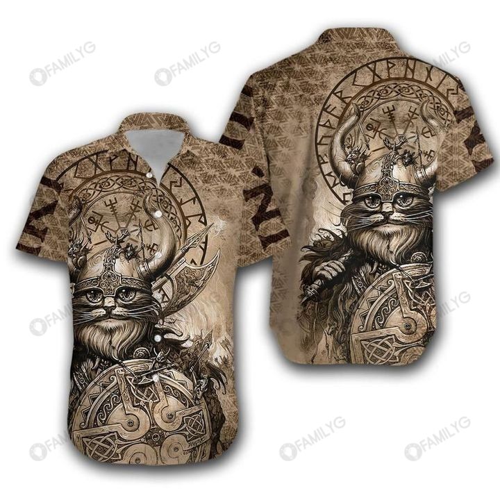 Vikings Shirt - Nordic Warrior Vikings Runes Classic Cat Vikings Hawaiian Shirt{Size}