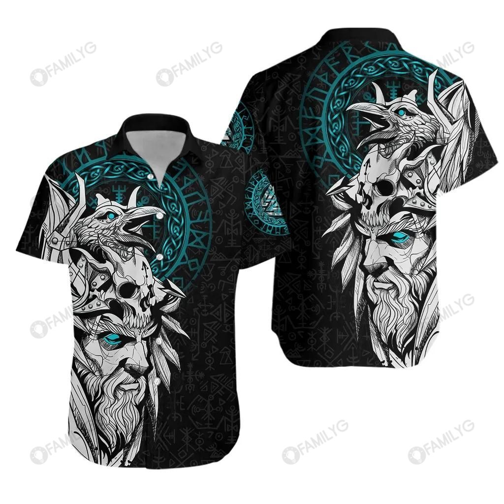 Vikings Shirts - Nordic Vikings Odin And Raven Turquoise - Vikings Hawaiian Shirt{Size}