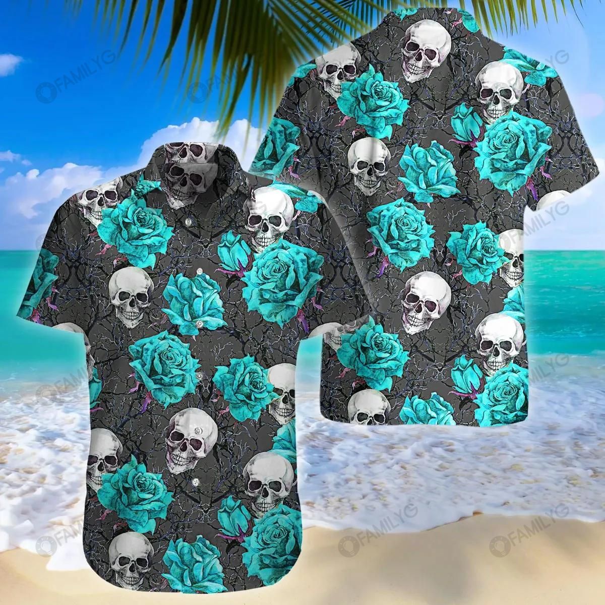 Skull Shirt - Turquoise Rose Skull Green Unique Design Unisex Hawaiian Shirt{Size}