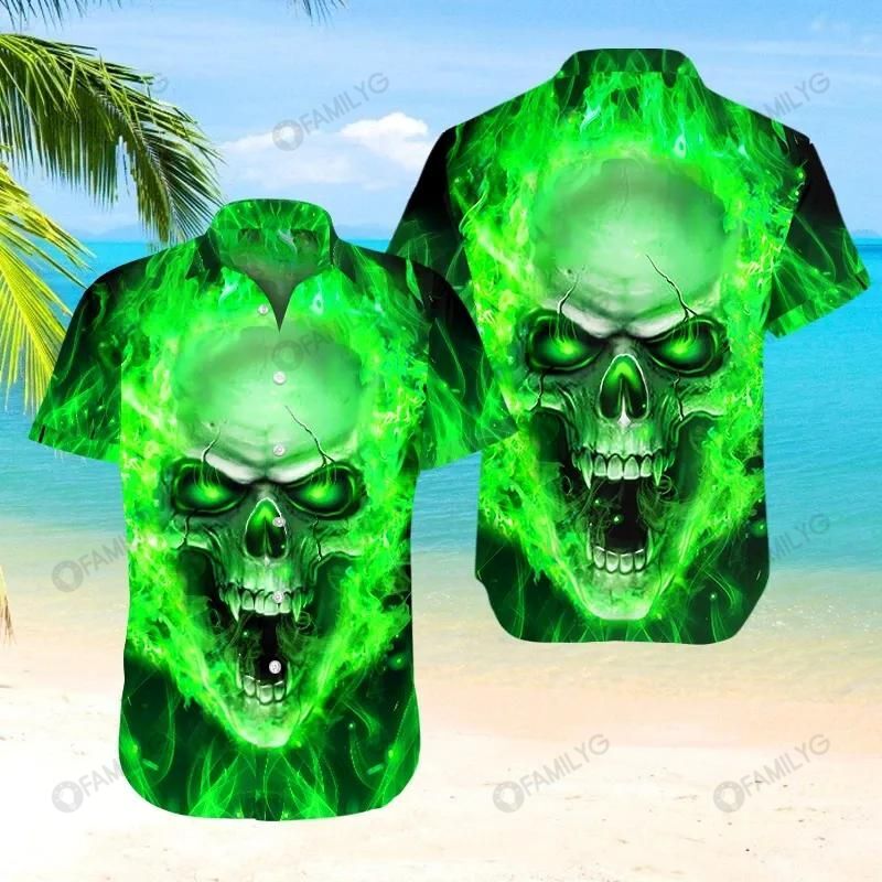 Skull Shirt - Skull Flaming Green Nice Design Unisex Hawaiian Shirt{Size}