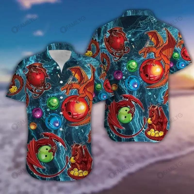 Unique Bowling Shirts - Amazing Thunder Bowling Dragon Blue Colorful Unisex Hawaiian Shirt{Size}