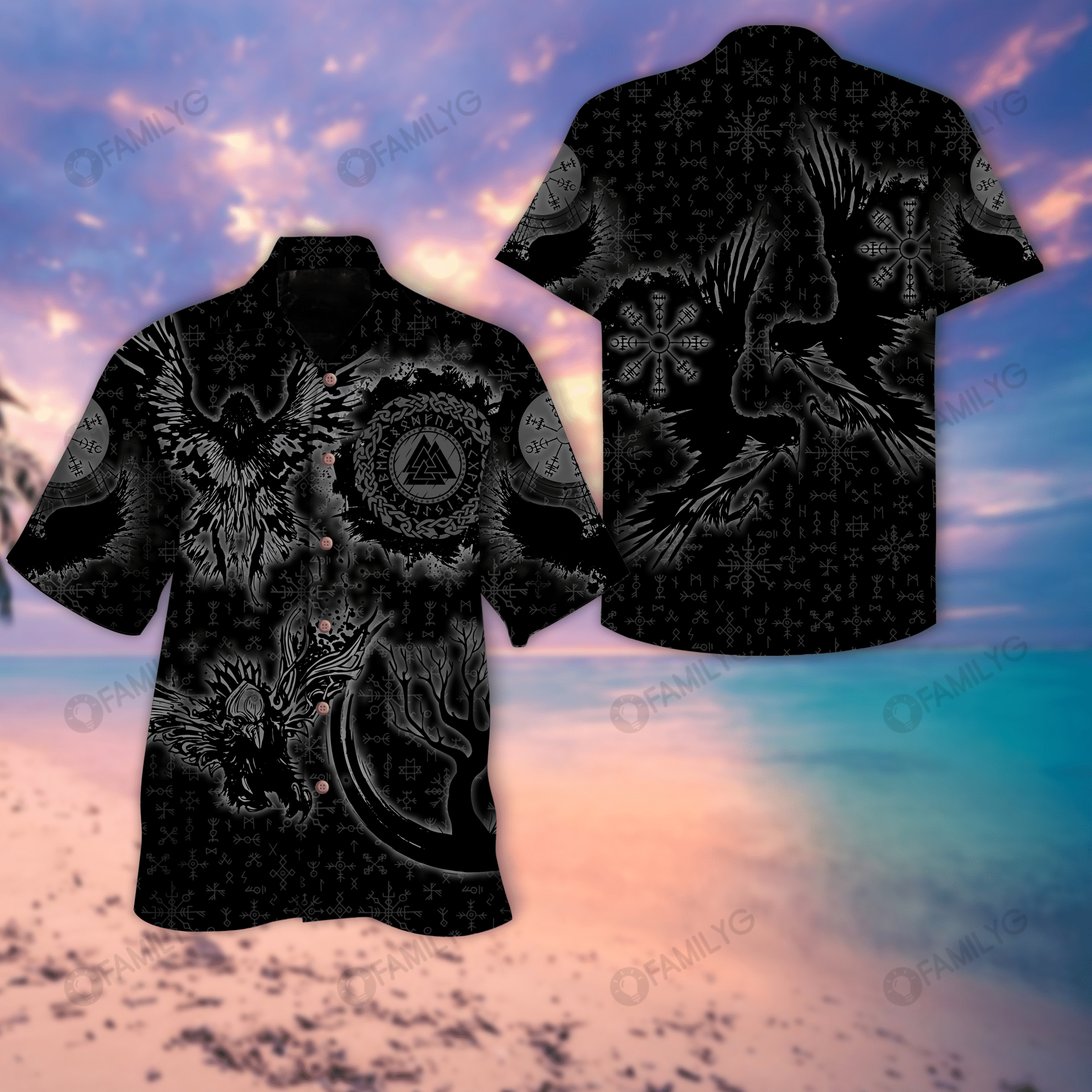 Vikings Shirts - Vikings Valknut Huginn and Muninn Hawaiian Shirt Yggdrasil, Vegvisir Helm of Awe - RE{Size}