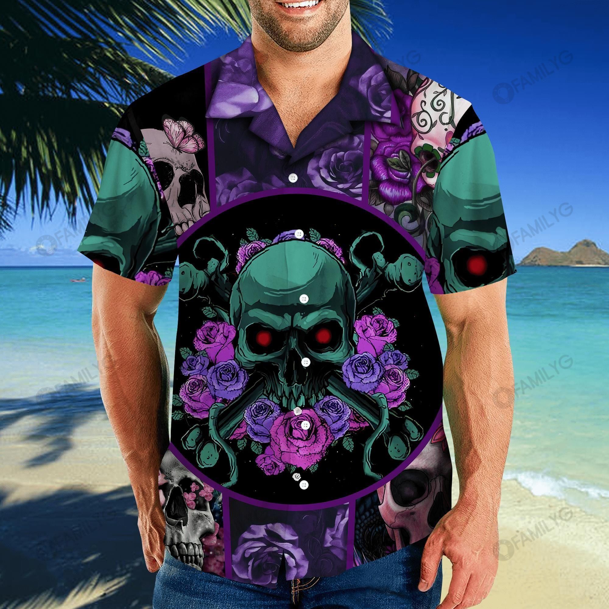 Skull Shirt - Skull Rose Purple Best Design Unisex Hawaiian Shirt{Size}