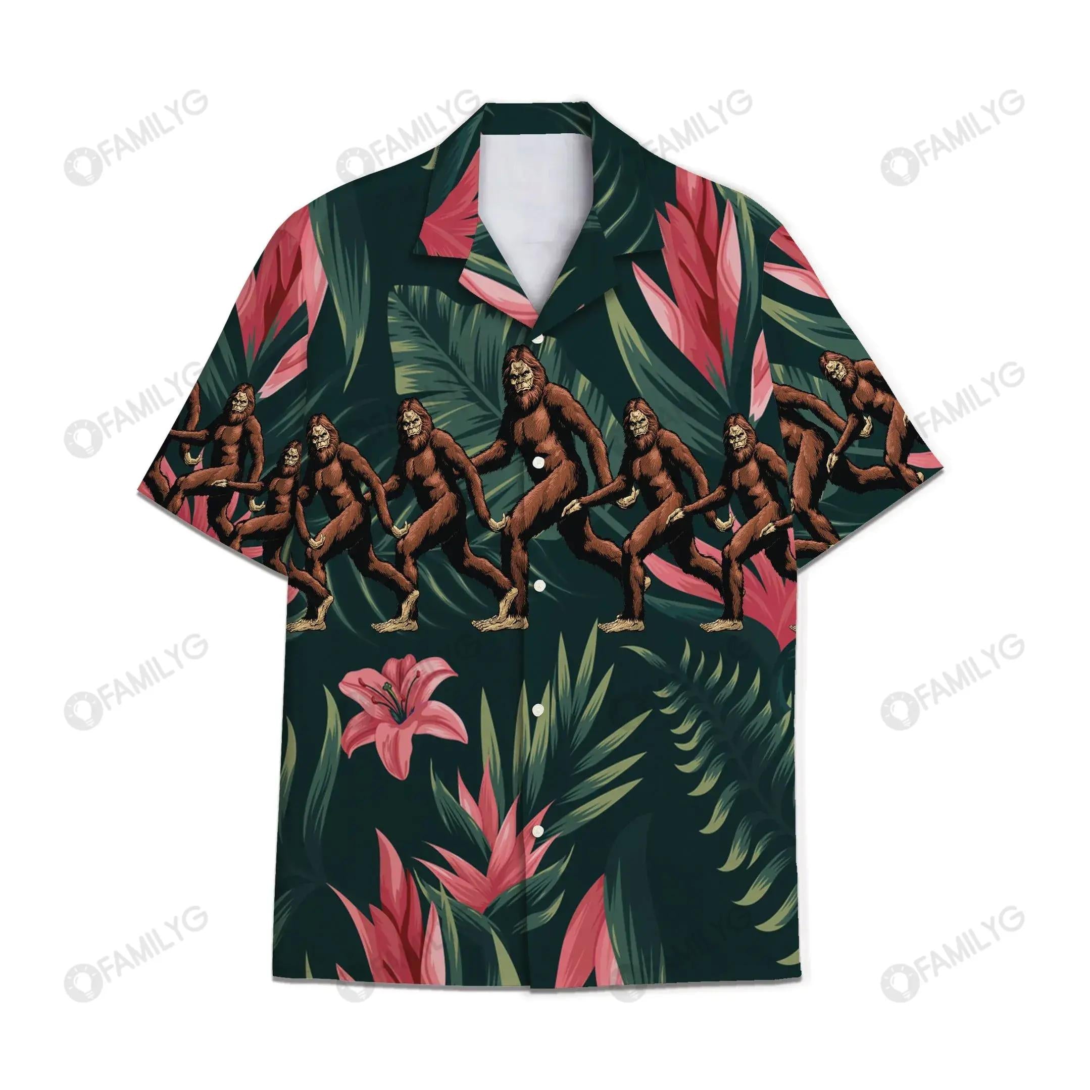 Tropical Bigfoot With Pink Flower Pattern - Bigfoot Hawaiian Shirt{Size}