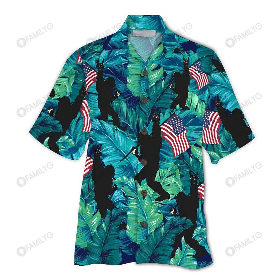 Tropical Leaf Pattern Bigfoot Celebrate 4th Of July - Bigfoot Hawaiian Shirt{Size}