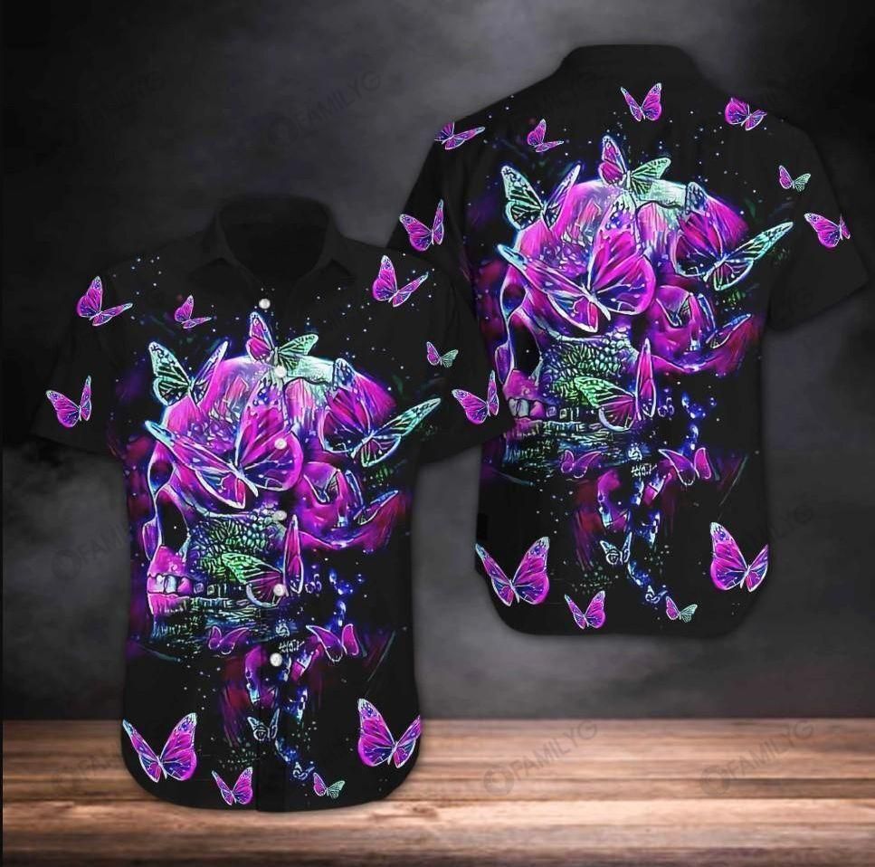 Skull Shirt - Hawaii Butterfly Skull Purple Unique Design Unisex Hawaiian Shirt{Size}