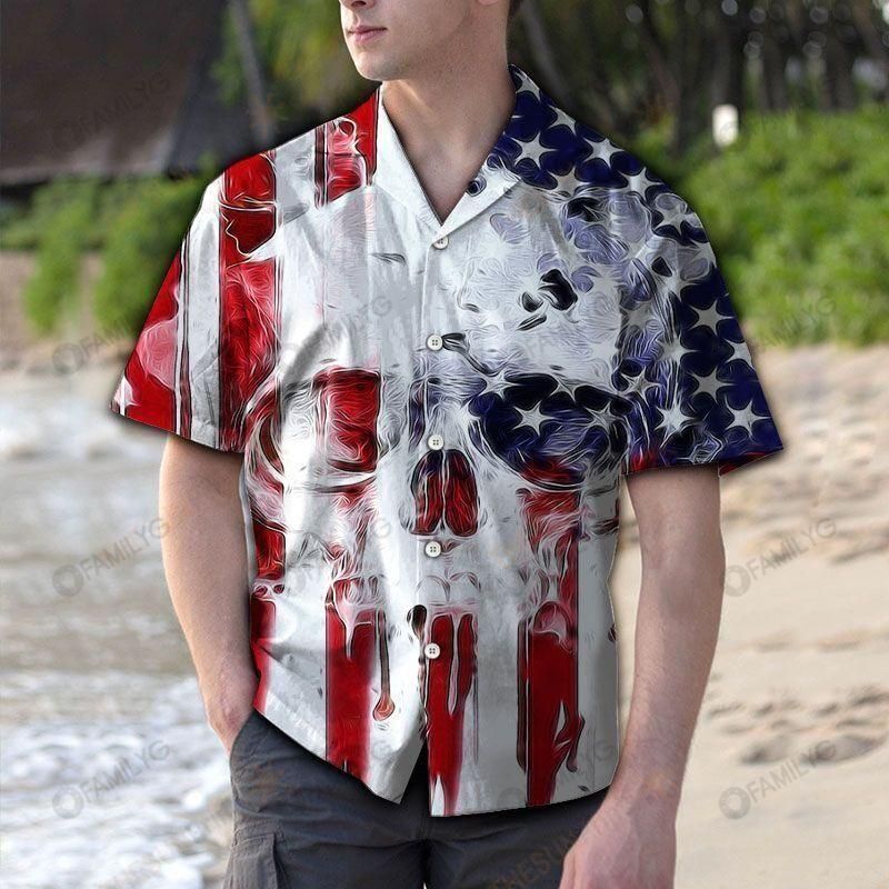 Skull Shirt - Skull Usa Flag Pattern Blue Red Best Design Unisex Hawaiian Shirt{Size}