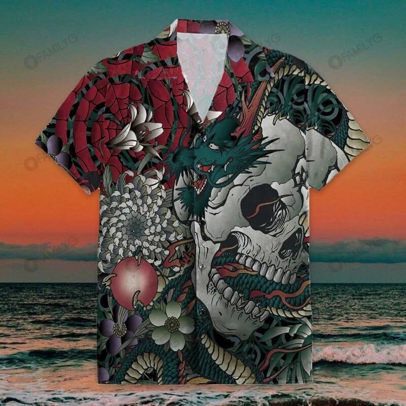 Skull Shirt - Skull Tattoo Japanese Style Pattern Unisex Hawaiian Shirt{Size}