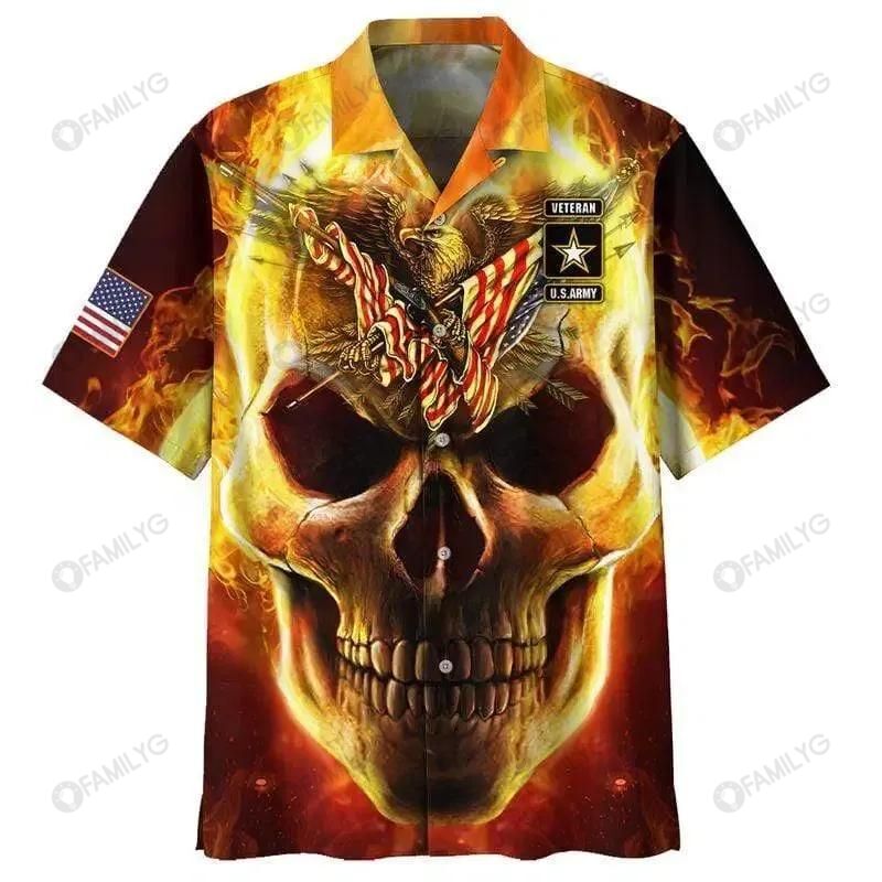 Skull Shirt - Skull Fire Eagle Patriot Colorful Amazing Unisex Hawaiian Shirt{Size}