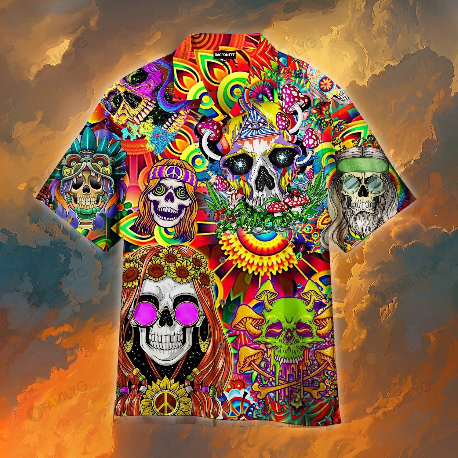 Skull Shirt - Hippie Skull Colorful Awesome Unisex Hawaiian Shirt{Size}