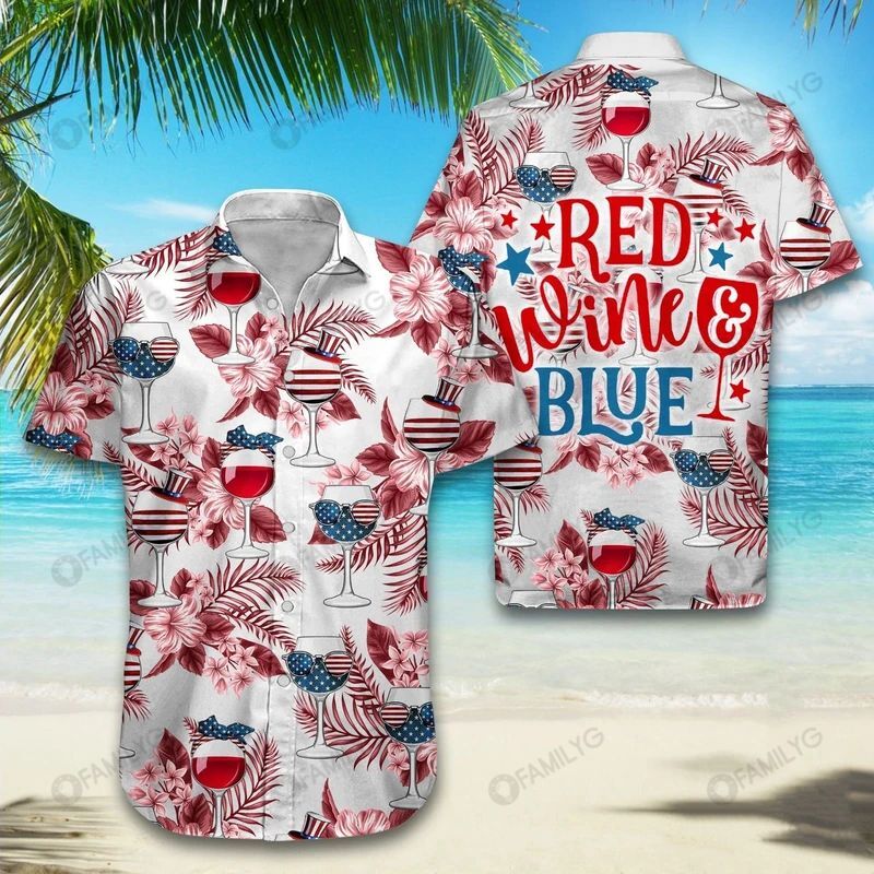 Wine Shirt - Red Wine Blue America Tropical Wine Hawaiian Shirt{Size}