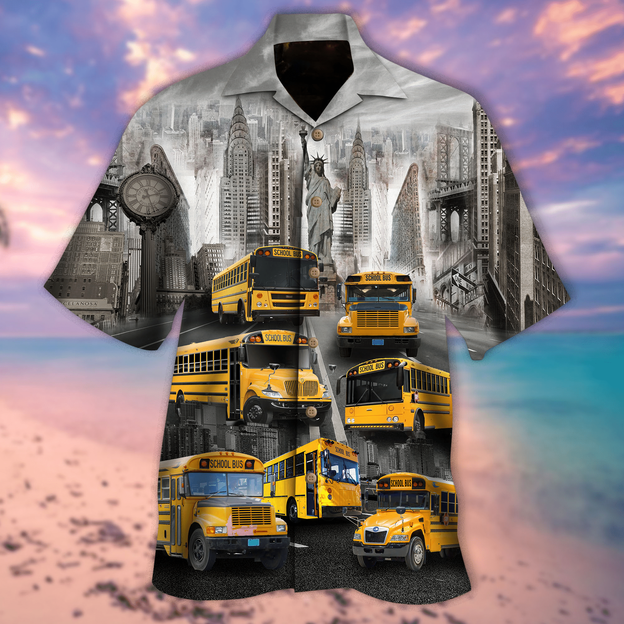 Yellow School Bus Colorful In The City Amazing Unisex Hawaiian Shirt{Size}