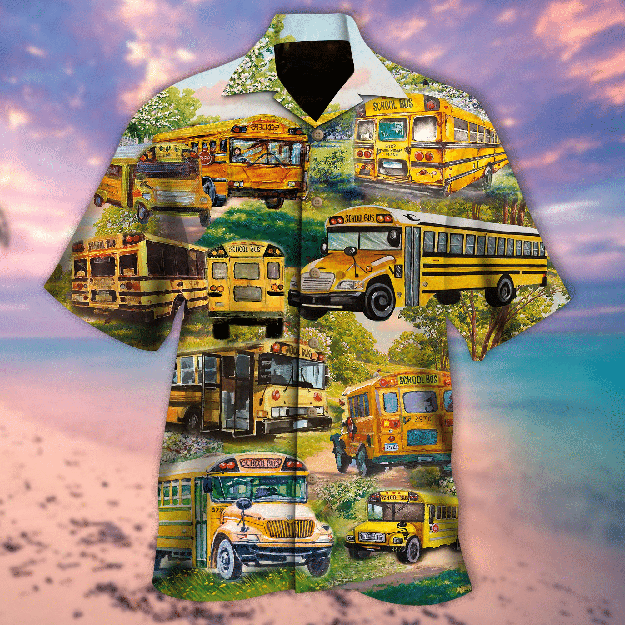 Yellow School Bus Colorful Amazing Unisex Hawaiian Shirt{Size}