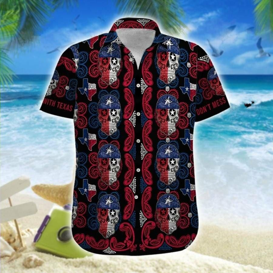 Texas Flag With Skull Bone Pattern Unique Hawaiian Shirt{Size}