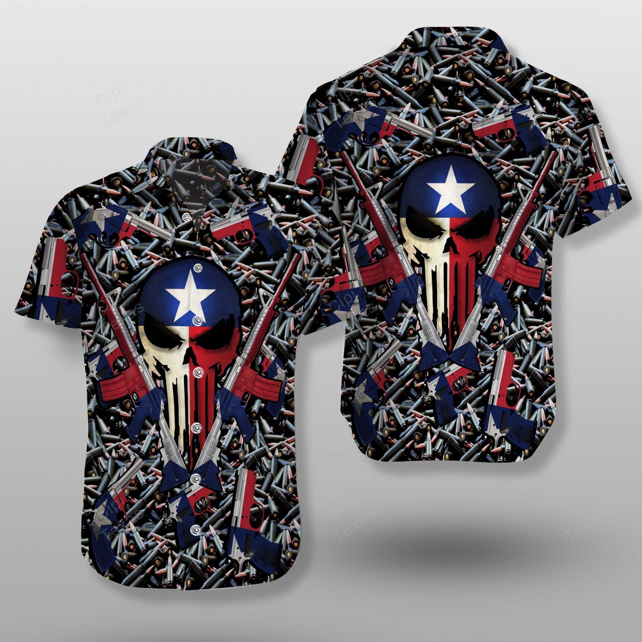 Skull Texas Flag Guns and Bullets Hawaiian Shirt{Size}