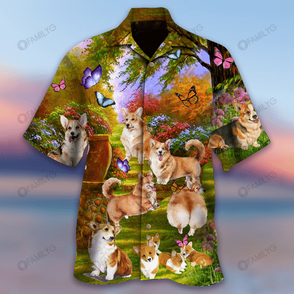 Welsh Corgi Play In Butterfly Garden Dog - Matching Dog and Owner Hawaiian Print Shirts{Size}