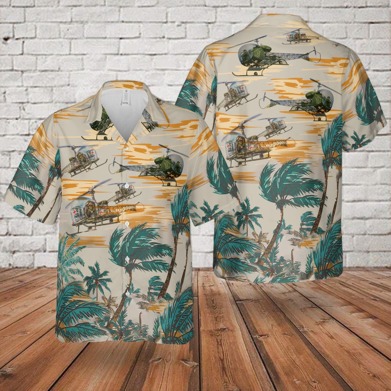 Tropical Helicopter Bell H-13 Sioux U.S Army Aloha Hawaiian Shirts #140621H{Size}